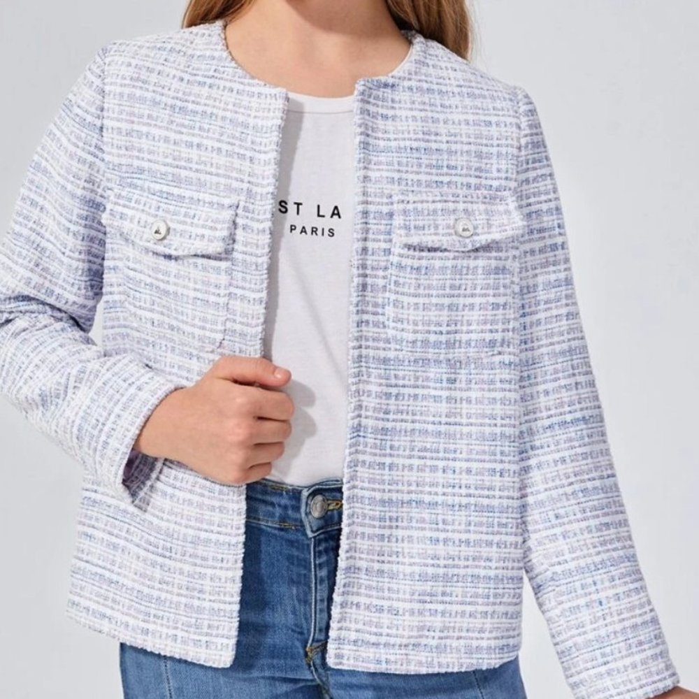 Girls Purple Flap Pocket Tweed Jacket